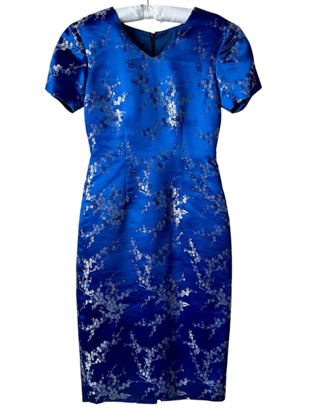 Silk Floral Blue Silver Asian Singapore Vintage Dress Short Sleeve Chinese Small